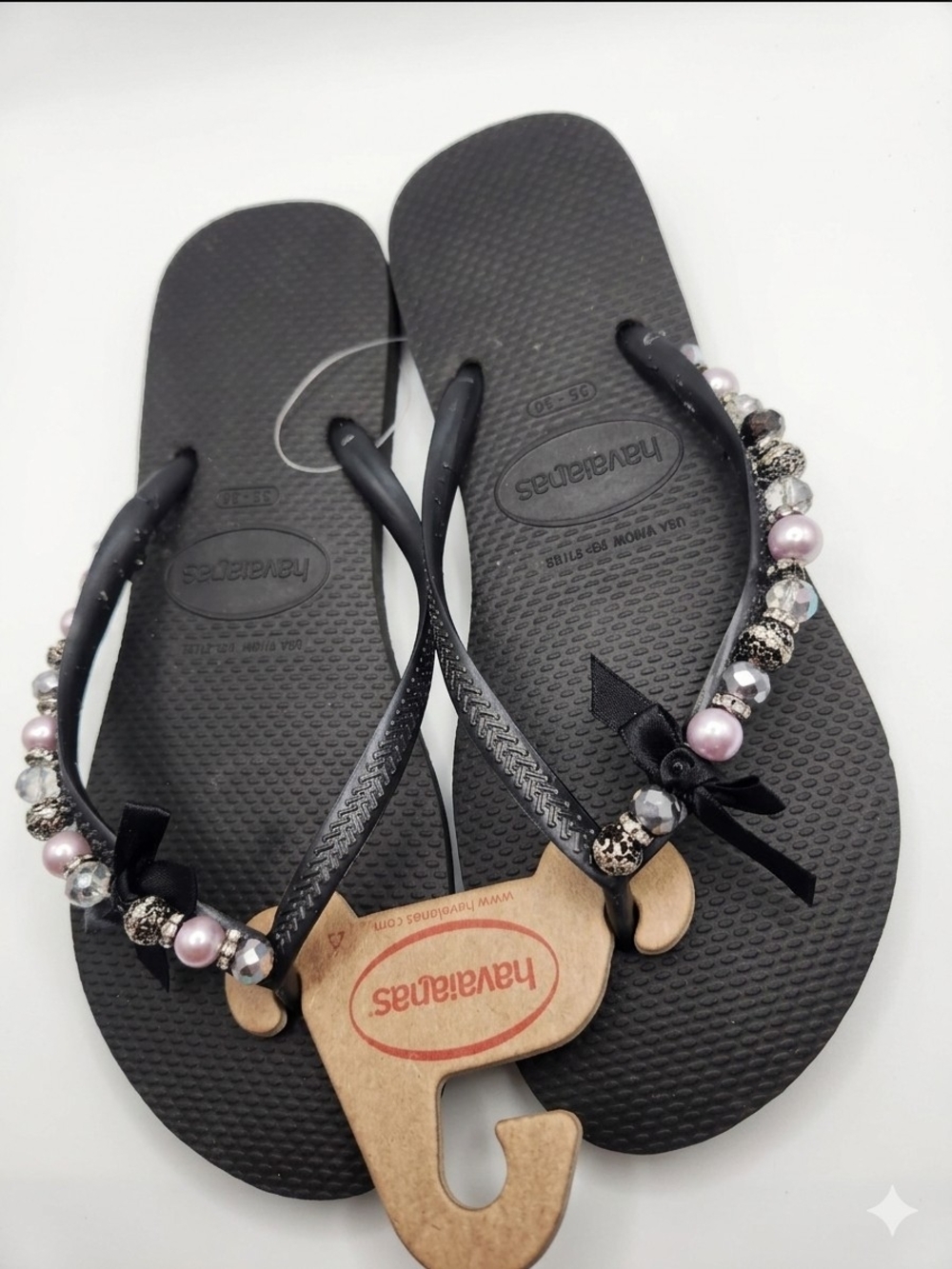 Havaianas Black Flip Flops with Pink and Silver Bead Accents Wedding Party